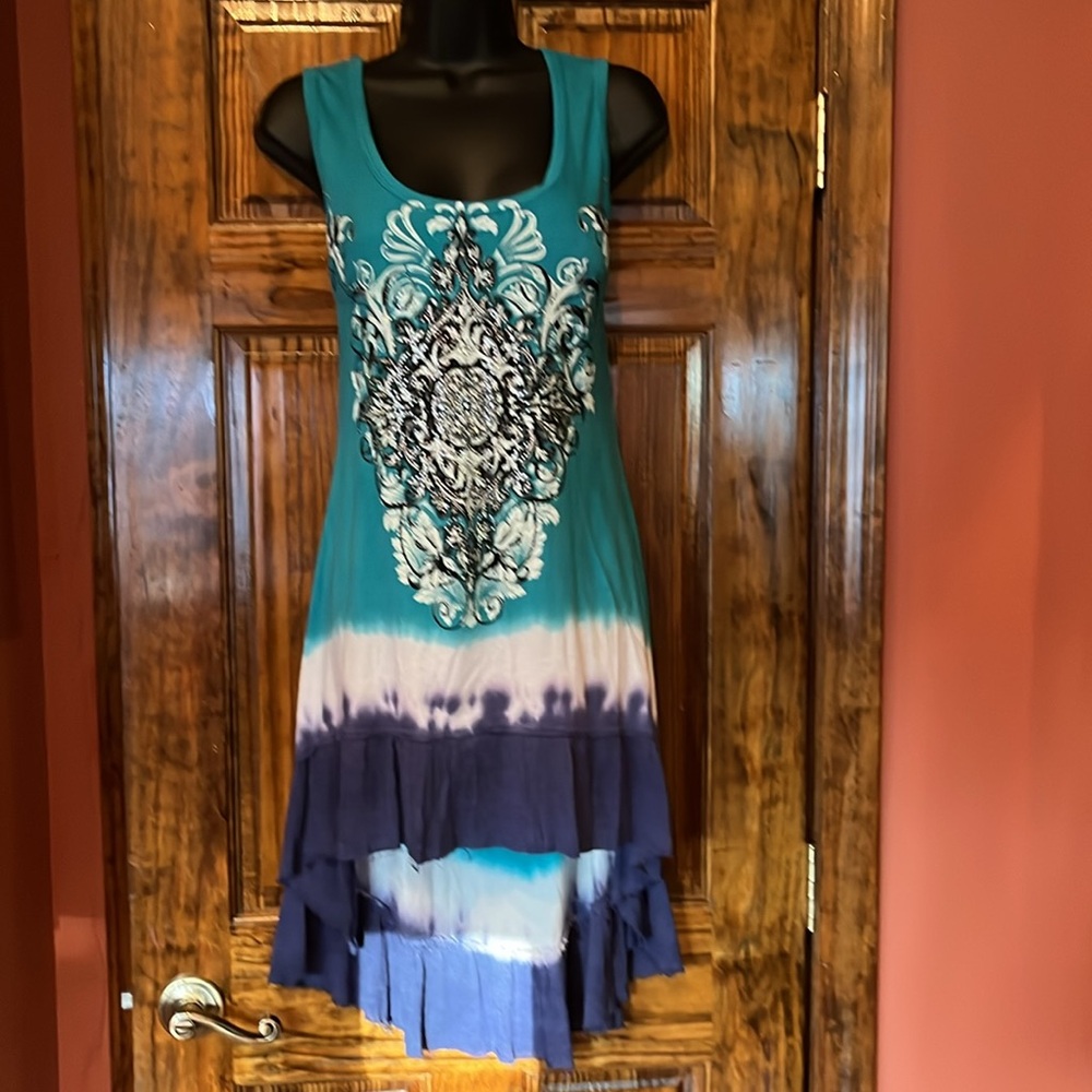 Vocal Teal and Navy Sleeveless Dress with Ornate Pattern